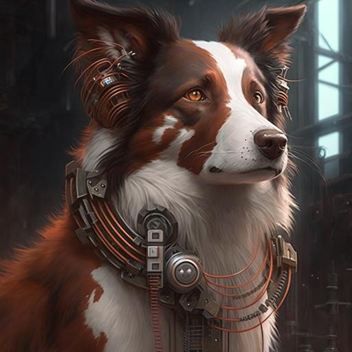 brown and white border collie cyberpunk