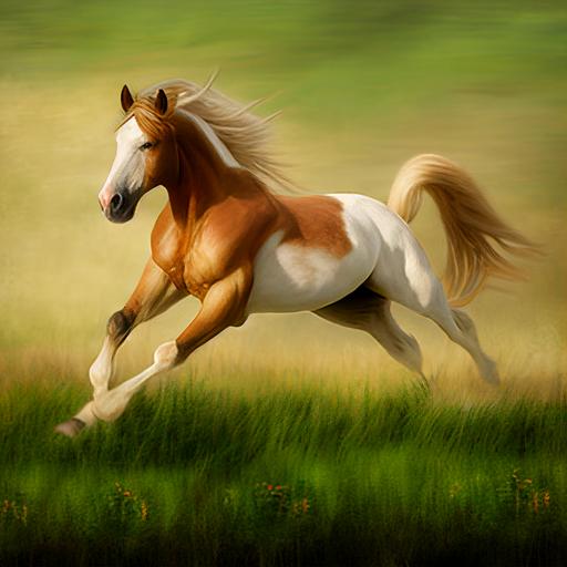 brown and white palomino horse, running in green field --v 4