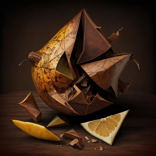 brown angular fruit of one piece with splinter, earthquake, high resolution, detailed, digital painting