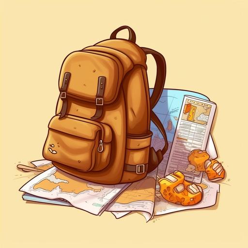 , brown backpack, a map with a compass and snack, cartoon style, illustration