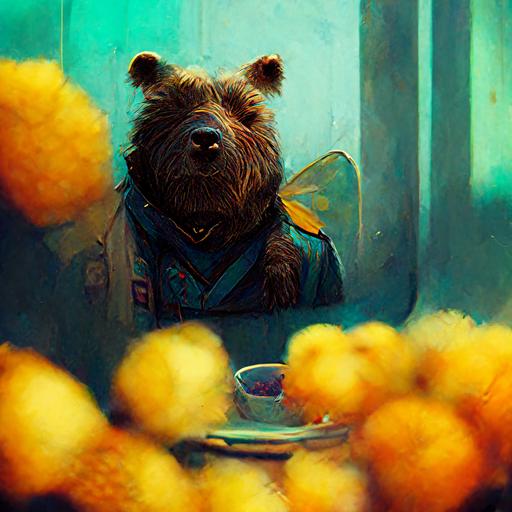 brown bear::1, eating honey::2, sitting down, talking to flying monkeys with eyeglasses and beards, photorealistic, 8k, epic scene, drama, vibrant colors, in the futuristic shopping mall