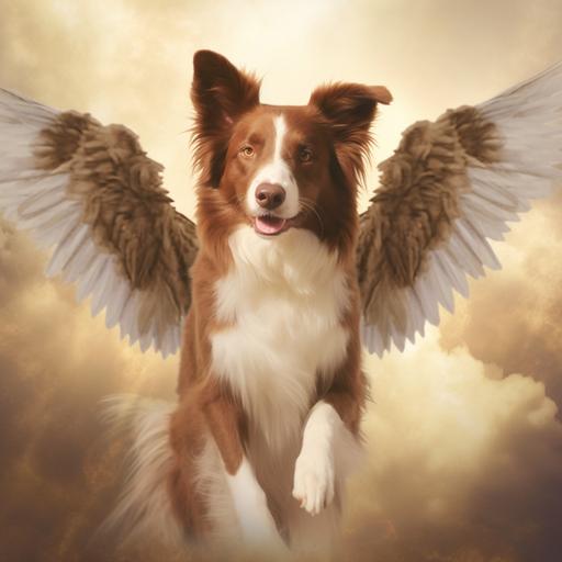 brown border collie with angel wings in the sky