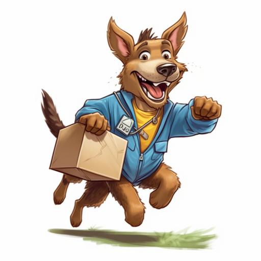 brown dog cartoon style wearing a blue jacket delivering amazon package running with a big smile
