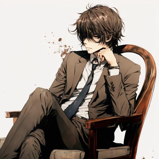 brown eyes, brown hair, sitting on a chair, a guy in a business suit, long hair like Kaneki Ken, handsome in anime style picking his nose