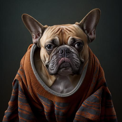 brown french bulldog wearing dog sweater , cleaning days , negative karma, sad face, laundry