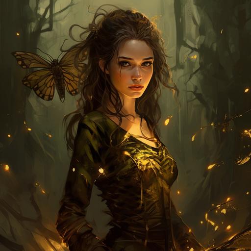 brown hair girl, tall, slim, wasp wings, scar on her cheek, firm gaze, looking straight ahead, mysterious smile and red lips, one ear uncovered, green, brown warrior skirt with golden decoration, hold a black staff ending with a wasp sting, in a dark wasp's nest, a girl in the center of the picture, picture darker on the edges, girl in the center well lighted by light falling from above, wasp larvae crawling on the ground, in the air wasps fly, all in role-playing game style