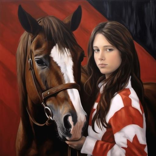 brown haired teen girl with brown and white paint horse and canadian flag