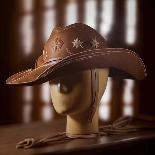 brown hat, with raised brims, brown in color, round hat top, and crescent-shaped brims downwards, (objetivo principal aqui)   (adjwtivo 1 aqui)   (adjetivo 2 aqui)   Cinematic lighting, Unreal Engine 5, Cinematic, Color Grading, Editorial Photography, Photography, Photoshoot, Shot on 70mm lense, Depth of Field, DOF, Tilt Blur, Shutter Speed 1/1000, F/22, White Balance, 32k, Super-Resolution, Megapixel, ProPhoto RGB, VR, tall, epic, artgerm, alex ross, Halfrear Lighting, Backlight, Natural Lighting, Incandescent, Optical Fiber, Moody Lighting, Cinematic Lighting, Studio Lighting, Soft Lighting, Volumetric, Contre-Jour, dark Lighting, Accent Lighting, Global Illumination, Screen Space Global Illumination, Ray Tracing Global Illumination, Red Rim light, cool color grading 45%, Optics, Scattering, Glowing, Shadows, Rough, Shimmering, Ray Tracing Reflections, Lumen Reflections, Screen Space Reflections, Diffraction Grading, Chromatic Aberration, GB Displacement, Scan Lines, Ray Traced, Ray Tracing Ambient Occlusion, Anti-Aliasing, FKAA, TXAA, RTX, SSAO, Shaders, OpenGL-Shaders, GLSL-Shaders, Post Processing, Post-Production, Cel Shading, Tone Mapping, CGI, VFX, SFX, insanely detailed and intricate, hypermaximalist, elegant, hyper realistic, super detailed, dynamic pose, centered, photography --v 4