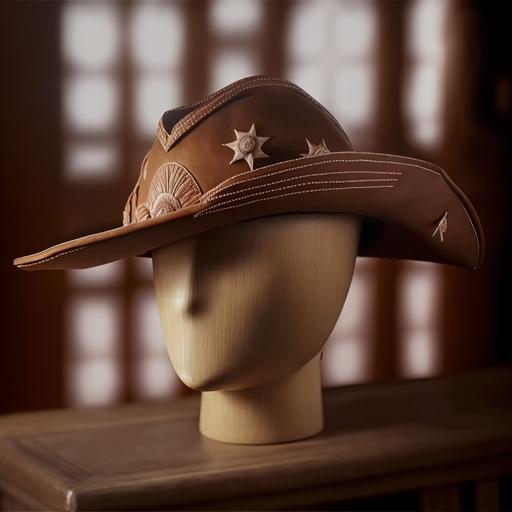 brown hat, with raised brims, brown in color, round hat top, and crescent-shaped brims downwards, (objetivo principal aqui)   (adjwtivo 1 aqui)   (adjetivo 2 aqui)   Cinematic lighting, Unreal Engine 5, Cinematic, Color Grading, Editorial Photography, Photography, Photoshoot, Shot on 70mm lense, Depth of Field, DOF, Tilt Blur, Shutter Speed 1/1000, F/22, White Balance, 32k, Super-Resolution, Megapixel, ProPhoto RGB, VR, tall, epic, artgerm, alex ross, Halfrear Lighting, Backlight, Natural Lighting, Incandescent, Optical Fiber, Moody Lighting, Cinematic Lighting, Studio Lighting, Soft Lighting, Volumetric, Contre-Jour, dark Lighting, Accent Lighting, Global Illumination, Screen Space Global Illumination, Ray Tracing Global Illumination, Red Rim light, cool color grading 45%, Optics, Scattering, Glowing, Shadows, Rough, Shimmering, Ray Tracing Reflections, Lumen Reflections, Screen Space Reflections, Diffraction Grading, Chromatic Aberration, GB Displacement, Scan Lines, Ray Traced, Ray Tracing Ambient Occlusion, Anti-Aliasing, FKAA, TXAA, RTX, SSAO, Shaders, OpenGL-Shaders, GLSL-Shaders, Post Processing, Post-Production, Cel Shading, Tone Mapping, CGI, VFX, SFX, insanely detailed and intricate, hypermaximalist, elegant, hyper realistic, super detailed, dynamic pose, centered, photography --v 4