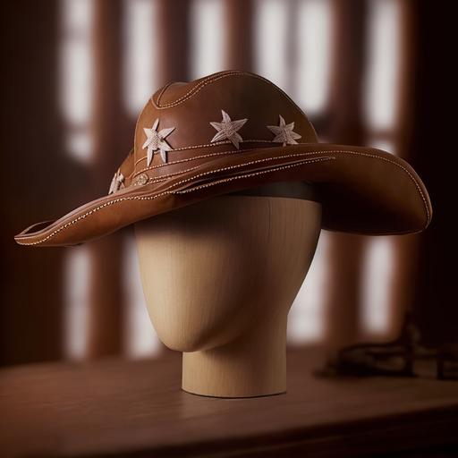 brown hat, with raised brims, brown in color, round hat top, and crescent-shaped brims downwards, (objetivo principal aqui)   (adjwtivo 1 aqui)   (adjetivo 2 aqui)   Cinematic lighting, Unreal Engine 5, Cinematic, Color Grading, Editorial Photography, Photography, Photoshoot, Shot on 70mm lense, Depth of Field, DOF, Tilt Blur, Shutter Speed 1/1000, F/22, White Balance, 32k, Super-Resolution, Megapixel, ProPhoto RGB, VR, tall, epic, artgerm, alex ross, Halfrear Lighting, Backlight, Natural Lighting, Incandescent, Optical Fiber, Moody Lighting, Cinematic Lighting, Studio Lighting, Soft Lighting, Volumetric, Contre-Jour, dark Lighting, Accent Lighting, Global Illumination, Screen Space Global Illumination, Ray Tracing Global Illumination, Red Rim light, cool color grading 45%, Optics, Scattering, Glowing, Shadows, Rough, Shimmering, Ray Tracing Reflections, Lumen Reflections, Screen Space Reflections, Diffraction Grading, Chromatic Aberration, GB Displacement, Scan Lines, Ray Traced, Ray Tracing Ambient Occlusion, Anti-Aliasing, FKAA, TXAA, RTX, SSAO, Shaders, OpenGL-Shaders, GLSL-Shaders, Post Processing, Post-Production, Cel Shading, Tone Mapping, CGI, VFX, SFX, insanely detailed and intricate, hypermaximalist, elegant, hyper realistic, super detailed, dynamic pose, centered, photography --v 4