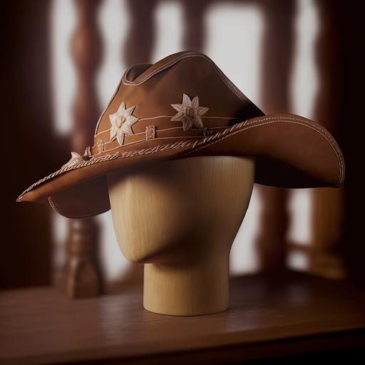 brown hat, with raised brims, brown in color, round hat top, and crescent-shaped brims downwards, (objetivo principal aqui)   (adjwtivo 1 aqui)   (adjetivo 2 aqui)   Cinematic lighting, Unreal Engine 5, Cinematic, Color Grading, Editorial Photography, Photography, Photoshoot, Shot on 70mm lense, Depth of Field, DOF, Tilt Blur, Shutter Speed 1/1000, F/22, White Balance, 32k, Super-Resolution, Megapixel, ProPhoto RGB, VR, tall, epic, artgerm, alex ross, Halfrear Lighting, Backlight, Natural Lighting, Incandescent, Optical Fiber, Moody Lighting, Cinematic Lighting, Studio Lighting, Soft Lighting, Volumetric, Contre-Jour, dark Lighting, Accent Lighting, Global Illumination, Screen Space Global Illumination, Ray Tracing Global Illumination, Red Rim light, cool color grading 45%, Optics, Scattering, Glowing, Shadows, Rough, Shimmering, Ray Tracing Reflections, Lumen Reflections, Screen Space Reflections, Diffraction Grading, Chromatic Aberration, GB Displacement, Scan Lines, Ray Traced, Ray Tracing Ambient Occlusion, Anti-Aliasing, FKAA, TXAA, RTX, SSAO, Shaders, OpenGL-Shaders, GLSL-Shaders, Post Processing, Post-Production, Cel Shading, Tone Mapping, CGI, VFX, SFX, insanely detailed and intricate, hypermaximalist, elegant, hyper realistic, super detailed, dynamic pose, centered, photography --v 4