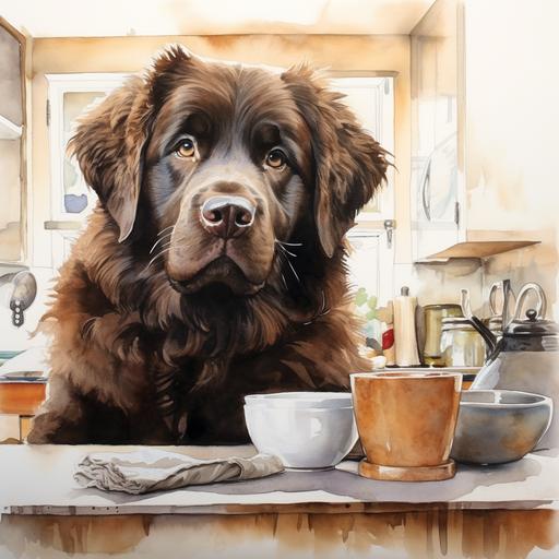 brown newfoundland dog, begging in kitchen, sweet face, watercolor