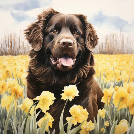 brown newfoundland dog, field of daffodils, sunny day, watercolor