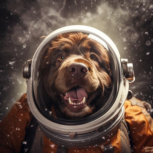 brown newfoundland dog, floating in space, space helmet, happy