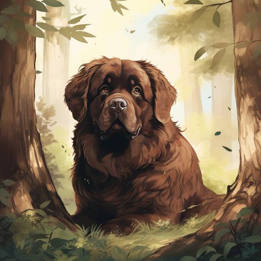 brown newfoundland dog, illustration style, under a large tree