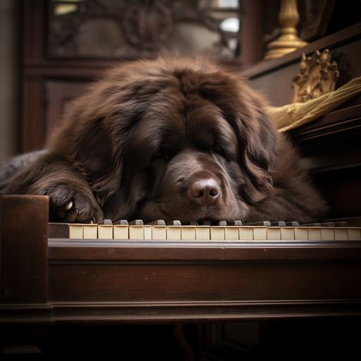 brown newfoundland dog, lying down, grand piano, photo realistic, modern