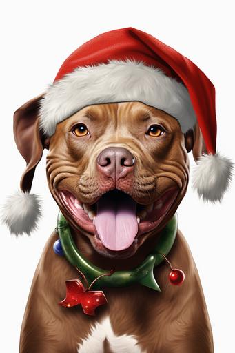 brown pitbull smiling wearing a christmas hat and an ugly sweater, portrait, white background, hyper realism. --v 5.2 --ar 2:3