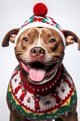 brown pitbull smiling wearing a christmas hat and an ugly sweater, portrait, white background, hyper realism. --v 5.2 --ar 2:3