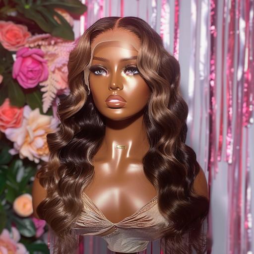 brown skin realistic mannequin with beautiful long curly hair with pink and silver background with flowers --v 6.0