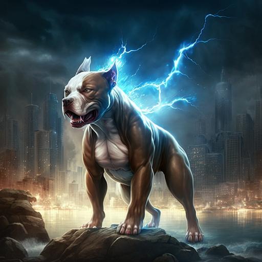 a brown very strong pitbull dog stands on his 2 feet on a cliff and fights. he has magical abilities and magical blue lightning comes out of his hands. the dog stands slightly turned in the foreground with his face to the front. in the background is a city with skyscrapers. the city looks destroyed. it is at night. the picture should be fully realistic in 4k.