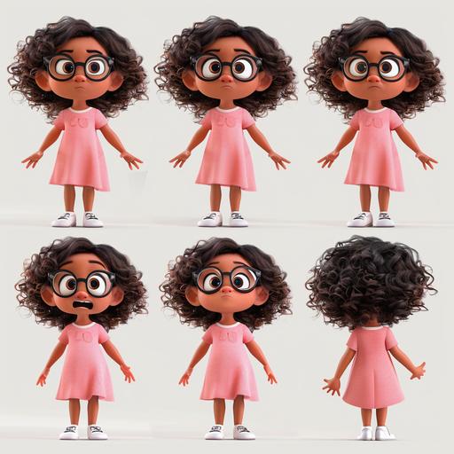 brownskin girl, 6 years old, curly black hair, pixar styled character, multiple expressions and poses, character sheet, pink plain dress, white glasses