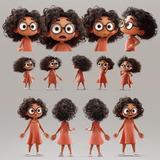 brownskin girl, 6 years old, curly black hair, pixar styled character, multiple expressions and poses, character sheet, pink plain dress, white glasses