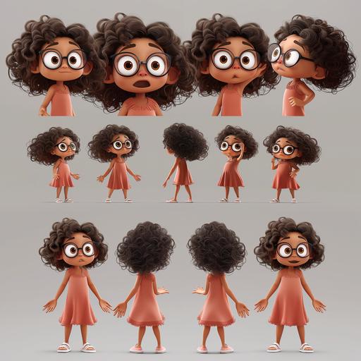 brownskin girl, 6 years old, curly black hair, pixar styled character, multiple expressions and poses, character sheet, pink plain dress, white glasses --v 6.0