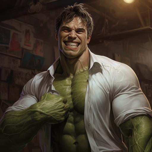bruce banner, transitioning to hulk, white skin, ripped shirt, extremely muscular, smiling, hyperrealistic style