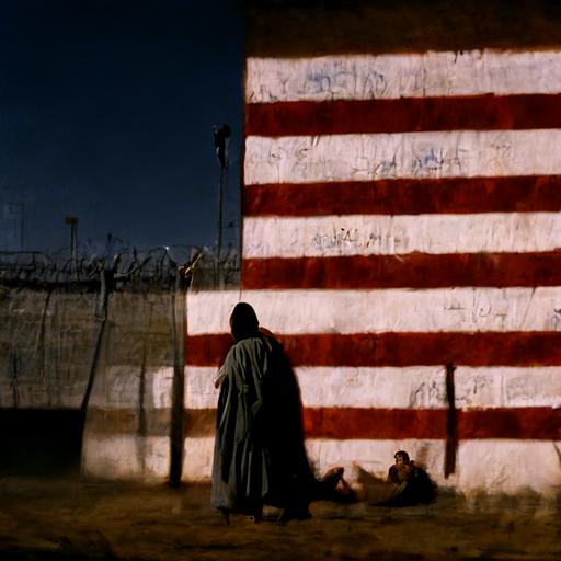 Abu Ghraib prison camp, american flag, David Fincher, atmospheric, 8k hd ultra detailed matte painting, Francisco Goya, on Medium Format Velvia film