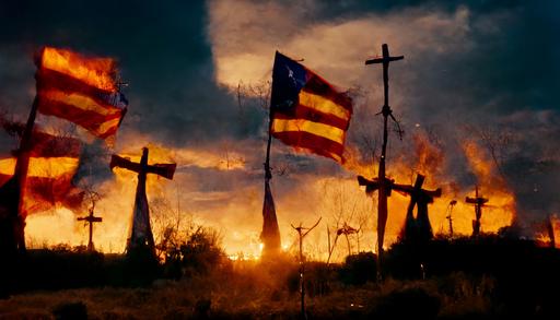 american flags hanging from crosses on fire at sunset, David Fincher, atmospheric, 8k hd ultra detailed matte painting, Francisco Goya, on Medium Format Velvia film::1 --aspect 16:9