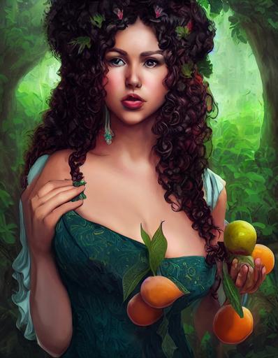 brunette curly hair latin mature thick woman wearing a colorful princess dress, background exhuberant fruit forest, epic medieval fantasy style, hyper detailed, --chaos 50 --ar 20:25 --test --creative --upbeta