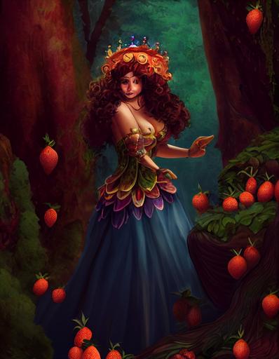 brunette curly hair latin mature thick woman wearing a colorful princess dress, background exhuberant fruit forest, epic medieval fantasy style, hyper detailed, --chaos 50 --ar 20:25 --test --creative --upbeta --upbeta --upbeta