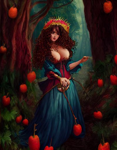 brunette curly hair latin mature thick woman wearing a colorful princess dress, background exhuberant fruit forest, epic medieval fantasy style, hyper detailed, --chaos 50 --ar 20:25 --test --creative --upbeta --upbeta