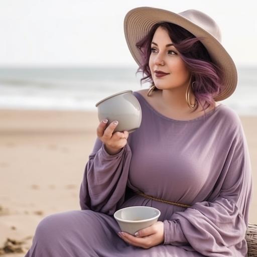 brunette plus size, woman dynamic posing on a beach wearing light greyish purple dress and a hat holding a cup of coffee, close up, HD --style raw --s 750