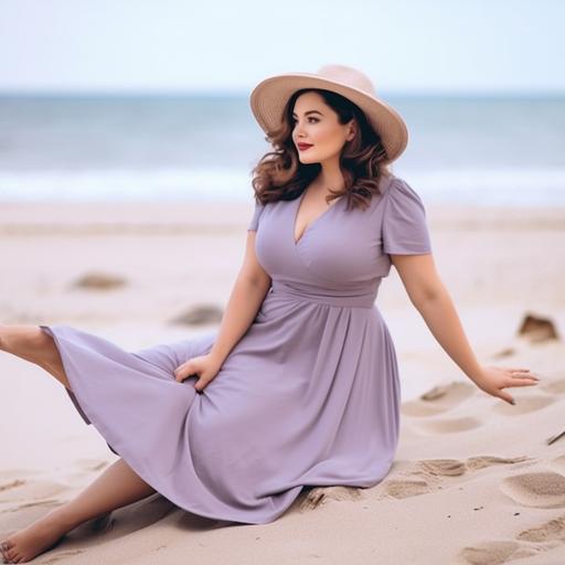 brunette plus size, woman dynamic posing on a beach wearing light greyish purple dress and a hat --style raw --s 750