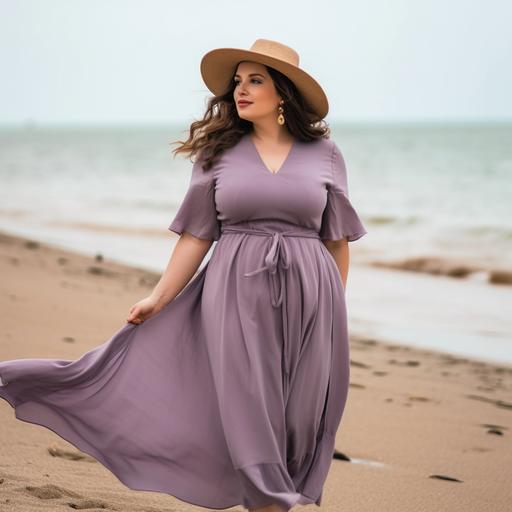 brunette plus size, woman dynamic posing on a beach wearing light greyish purple dress and a hat --style raw --s 750