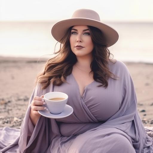 brunette plus size, woman dynamic posing on a beach wearing light greyish purple dress and a hat holding coffee, close up, HD --style raw --s 750