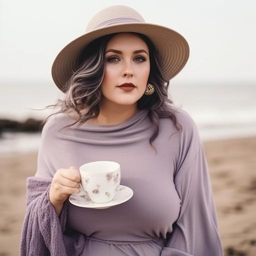 brunette plus size, woman dynamic posing on a beach wearing light greyish purple dress and a hat holding coffee, close up, HD --style raw --s 750