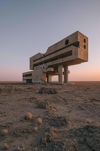 brutalist soviet building in a barren saudi desert at dawn 3/4 view with horizon in sight --ar 2:3 --style raw --v 6.0