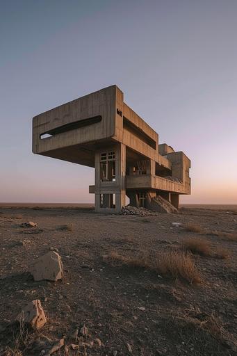 brutalist soviet building in a barren saudi desert at dawn 3/4 view with horizon in sight --ar 2:3 --style raw --v 6.0