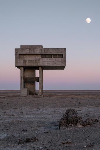 brutalist soviet building in a barren saudi desert at dawn 3/4 view with horizon in sight --ar 2:3 --style raw --v 6.0