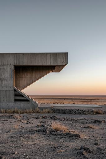 brutalist soviet building in a barren saudi desert at dawn 3/4 view with horizon in sight --ar 2:3 --style raw --v 6.0