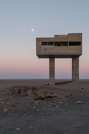 brutalist soviet building in a barren saudi desert at dawn 3/4 view with horizon in sight --ar 2:3 --style raw --v 6.0