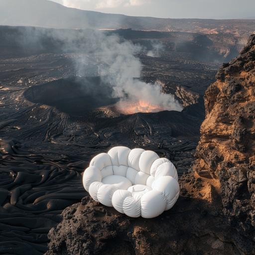 bubble sofa by sasha lanik in white on the side of a volcano ultra realistic the sofa has to be on a side of the picture, not in the middle