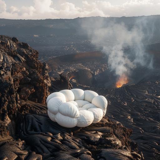 bubble sofa by sasha lanik in white on the side of a volcano ultra realistic the sofa has to be on a side of the picture, not in the middle