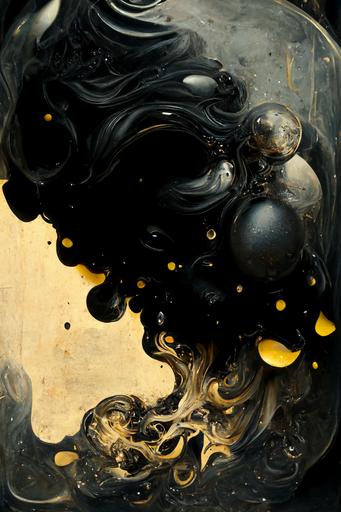 bubbles   grease   oil :: dark yellow   smoke   shine   sphere :: oil    light ray   black marble :: black paper   elements   dark grey   dark brown    neon   baroque   rococo   white   ink   tarot card with ornate border frame   sébastien mitton, viktor antonov, sergey kolesov, detailed, intricate ink illustration   magic   glow --ar 63:88