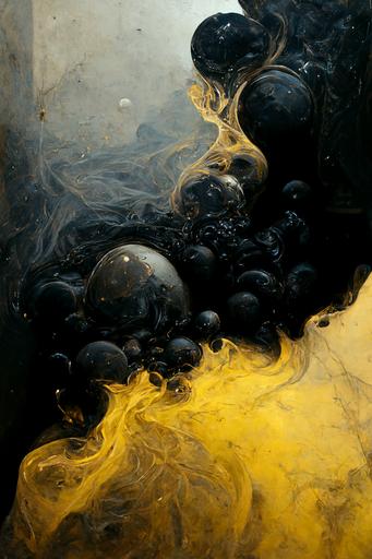 bubbles   grease   oil :: dark yellow   smoke   shine   sphere :: oil    light ray   black marble :: black paper   elements   dark grey   dark brown    neon   baroque   rococo   white   ink   tarot card with ornate border frame   sébastien mitton, viktor antonov, sergey kolesov, detailed, intricate ink illustration   magic   glow --ar 63:88