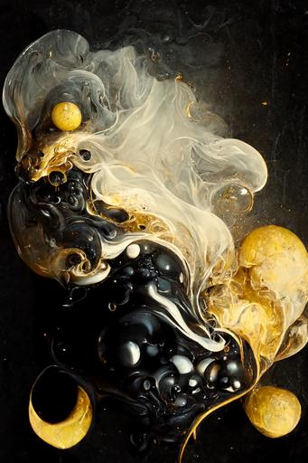 bubbles   grease   oil :: dark yellow   smoke   shine   sphere :: oil    light ray   black marble :: black paper   elements   dark grey   dark brown    neon   baroque   rococo   white   ink   tarot card with ornate border frame   sébastien mitton, viktor antonov, sergey kolesov, detailed, intricate ink illustration   magic   glow --ar 63:88