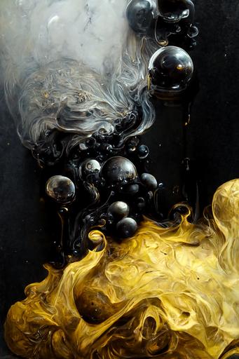 bubbles   grease   oil :: dark yellow   smoke   shine   sphere :: oil   light ray   black marble :: black paper   elements   dark grey   dark brown   neon   baroque   rococo   white   ink   tarot card with ornate border frame   sébastien mitton, viktor antonov, sergey kolesov, detailed, intricate ink illustration   magic   glow --ar 63:88