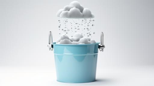 bucket collecting rain water in the style of a marketing presentation graphic, white background, --ar 16:9